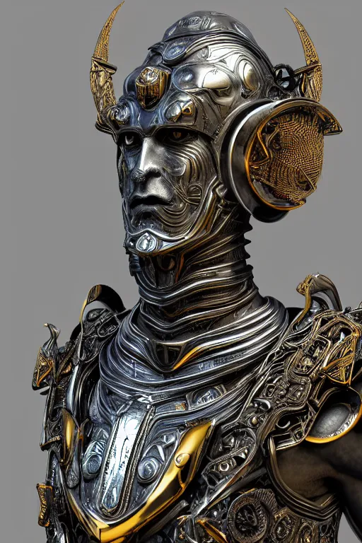 Prompt: hyper realistic glorious ancient celtic god in a obsidian metal armor, futuristic design, designed by makoto kobayashi and luca zampriolo, portrait, cyberpunk style, wood and gold details, intricate, extremely detailed, ornate, deep of field, hard surface, exoskeleton, substance designer metal