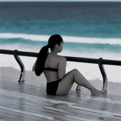 Image similar to asian woman with black ponytail sitting on a beach chair on a a cruise ship overlooking the bahamas, vintage 3 5 mm film photo grainy high detail