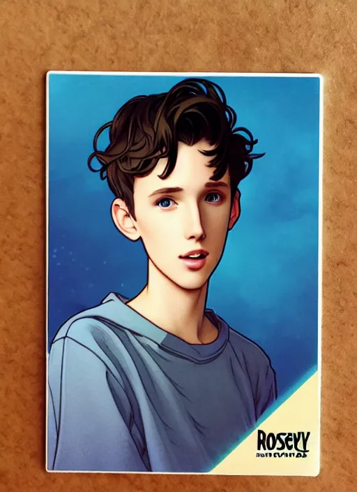 Image similar to cute troye sivan trading card design, natural lighting, path traced, highly detailed, high quality, digital painting, by don bluth and ross tran and studio ghibli and alphonse mucha, artgerm