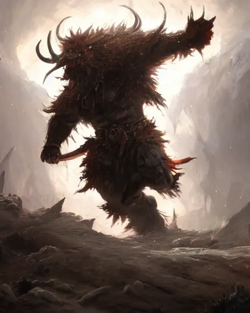 Image similar to oil painting of Angry Anthropomorphized Cow Berserker, wearing fur armor, claws, sharp focus, attack pose, fantasy style, octane render, volumetric lighting, 8k high definition, by greg rutkowski, highly detailed, trending on art Station, magic the gathering artwork, burning Battlefield background, centered