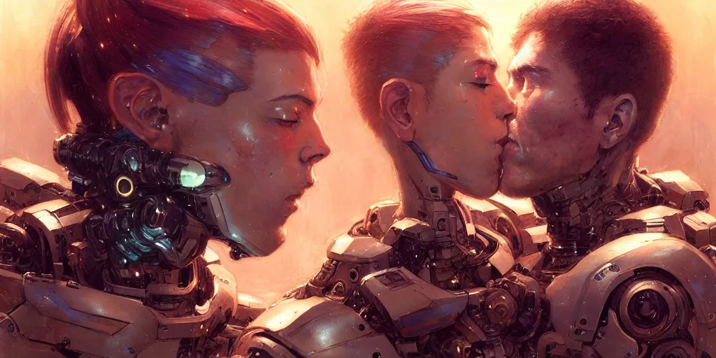 Prompt: male cyborg kissing female android by gaston bussiere, anna nikonova aka newmilky, greg rutkowski, yoji shinkawa, yoshitaka amano, tsutomu nihei, muira, moebius, donato giancola, trending on artstation, featured on pixiv h - 1 0 2 4