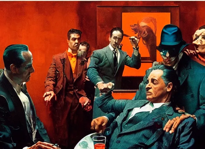 Image similar to a still from the movie godfather by of francis bacon and norman rockwell and james jean, a still from the movie thor : ragnarok, mark brooks, triadic color scheme, by greg rutkowski, syd mead and edward hopper and norman rockwell and beksinski, dark surrealism, orange and turquoise ans purple