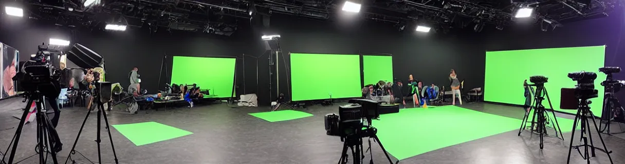 Image similar to photo of a movie set with a big bright green screen, film crew, actors, cameras, studio, movie set, realistic, studio lighting