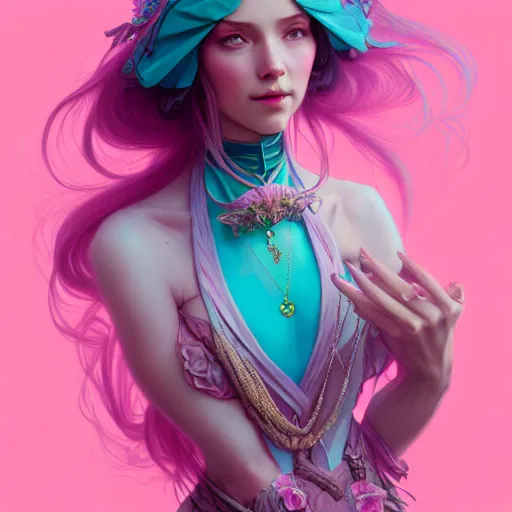 Prompt: aristocrat, teal pink color palette, female, d & d, fantasy, intricate, elegant, highly detailed, long pink hair, digital painting, artstation, octane render, concept art, matte, sharp focus, illustration, hearthstone, art by artgerm, alphonse mucha johannes voss