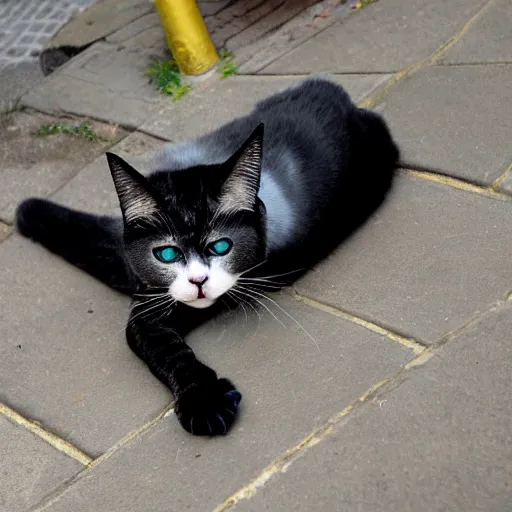 Image similar to Fiendish Phantom Cat lying down in an alleyway. High quality.