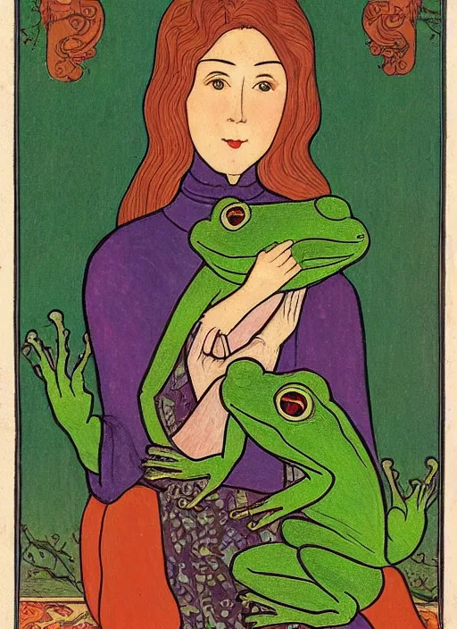 Prompt: portrait of a woman holding a frog ; pretty face ; ivan bilibin style ; 8 k