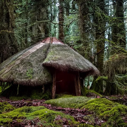 Image similar to A forest full of trees and moss, the scene contains a singular hut with a strange figure standing nearby, Photography, dark, intricate cube, Bleda, Elsa