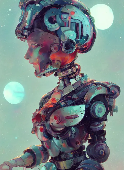 Prompt: surreal gouache painting, by yoshitaka amano, by ruan jia, by conrad roset, by Kilian Eng, by good smile company, detailed anime 3d render of a female mechanical android maid, portrait, cgsociety, artstation, modular mechanical costume and headpiece, retrowave atmosphere