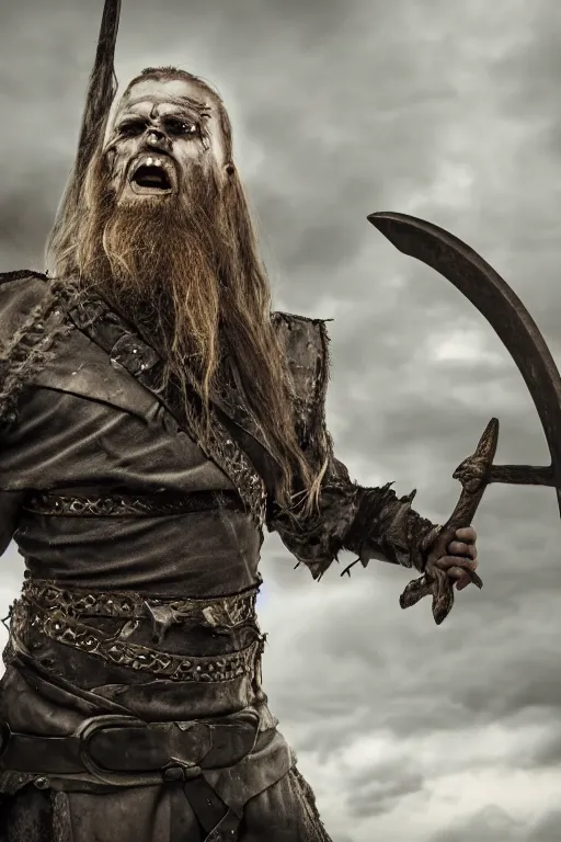 Prompt: realistic photograph of an undead viking man in the middle of battle, highly detailed, cinematic, portrait, close - up,