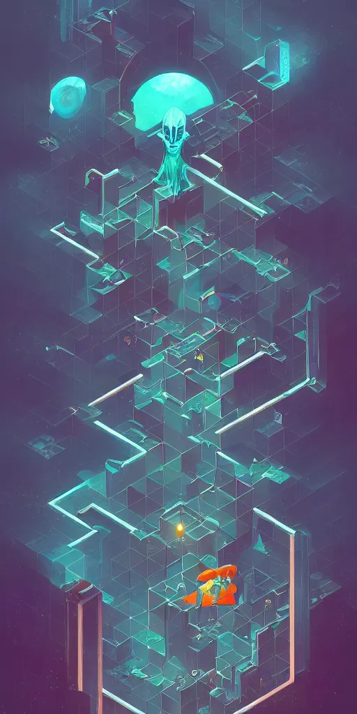 Image similar to isometric portrait of advanced alien, his last moment, mystical, technology meets fantasy, map, infographic, concept art, art station, style of monument valley, giger, wes anderson