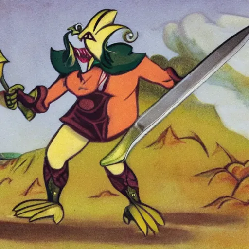 Image similar to a daffodil with fangs and arms wields a shovel as if to attack the viewer, only to be defeated by another flower wielding a sword