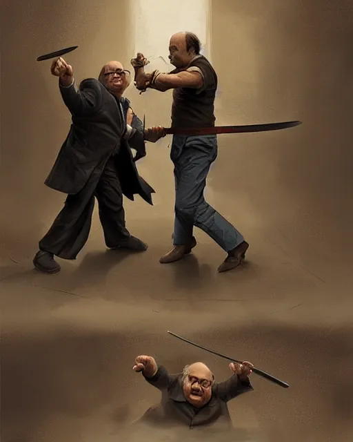 Image similar to “ george costanza and danny devito having a swordfight, very epic, digital art, greg rutkowski ”