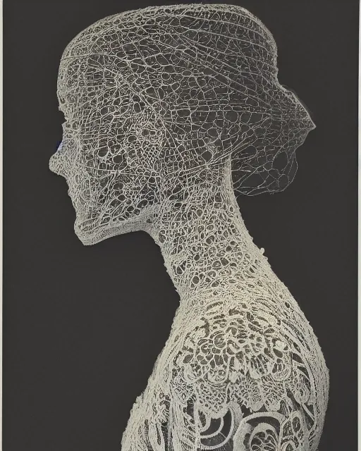 Image similar to a woman's face in profile, made of intricate lace leaf skeleton, in the style of the dutch masters and gregory crewdson, dark and moody