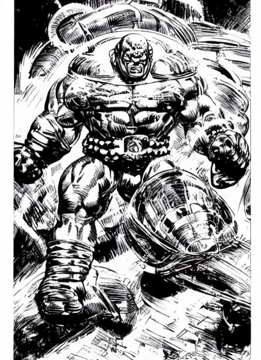 Prompt: huge morgan aste as marvel's juggernaut wearing metal helmet, dynamic, by jack kirby and greg staples and norman rockwell and tom lovell