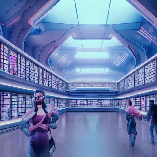 Prompt: hyperrealistic futuristic library hall, very detailed, technology, cyberpunk, dark blue and pink volumetric light, cgsociety, in the style of artgerm and artstation
