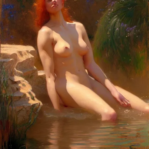 Image similar to stunning female wizard bathing, highly detailed painting by gaston bussiere, craig mullins, j. c. leyendecker, 8 k