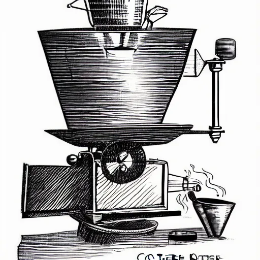 Image similar to coffee roaster machine, coffee, hand drawn, engraved vector, by alexanderpokusay