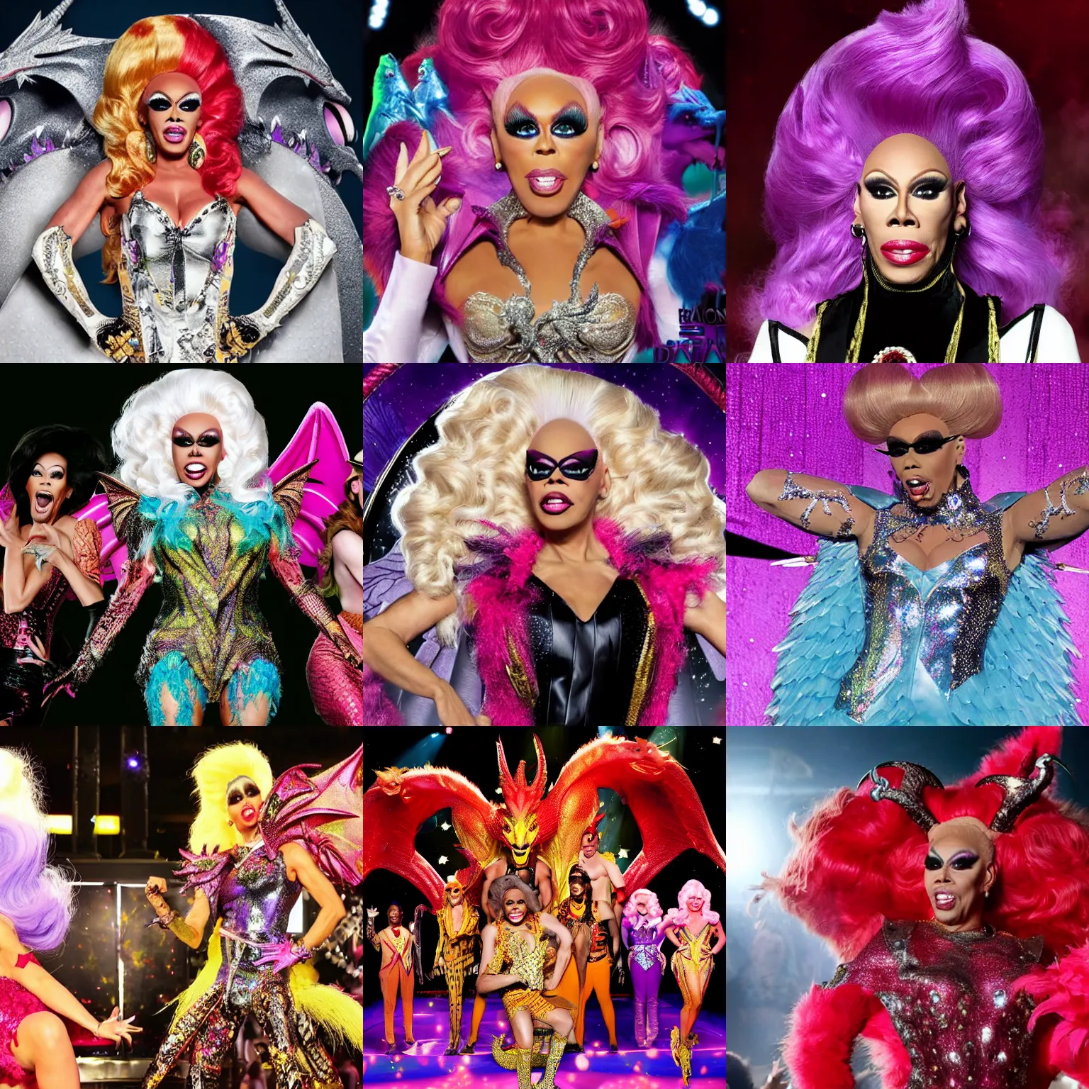 Image similar to rupaul's dragon race, television still, fantasy reality show, dragons, drag queens