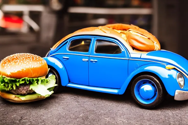 Image similar to a blue beetle car with burgers for wheel rims