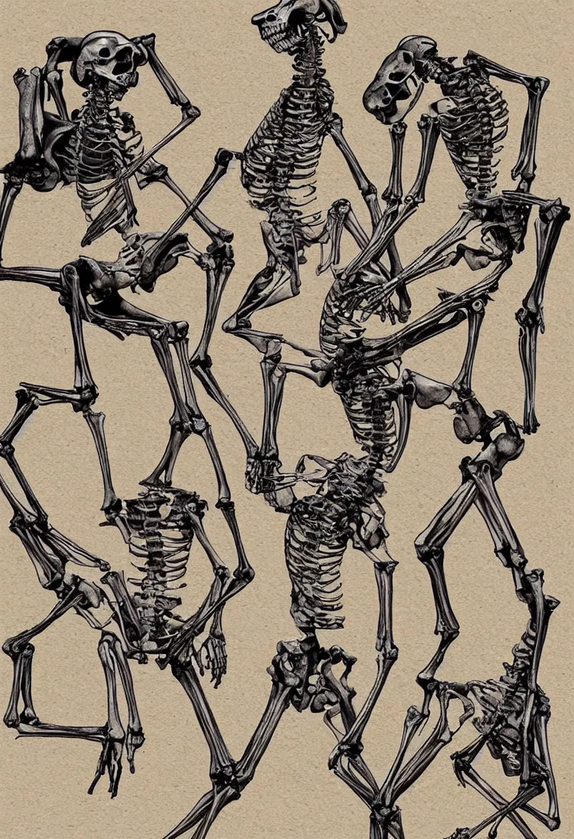 Image similar to human and kangaroo skeletons fighting, t-shirt design