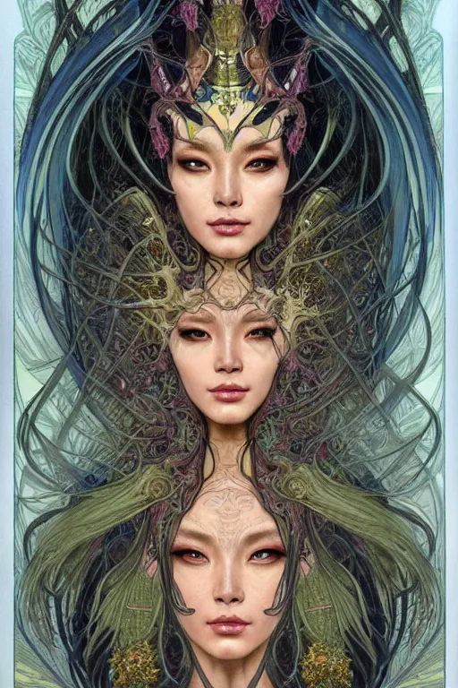 Image similar to beautiful and exotic and other-worldly alien queen portrait, sparkling eyes + front face with thick flowing hair, perfectly symmetrical facial features and muscle anatomy, ultradetailed art and illustration by jia ruan and chris bachalo and arthur suydam and alphonse mucha, fantasy, intricate complexity, scientific human structure, accurate human anatomy, fantasy character concept, watercolor, bleed, hyperrealism 8k