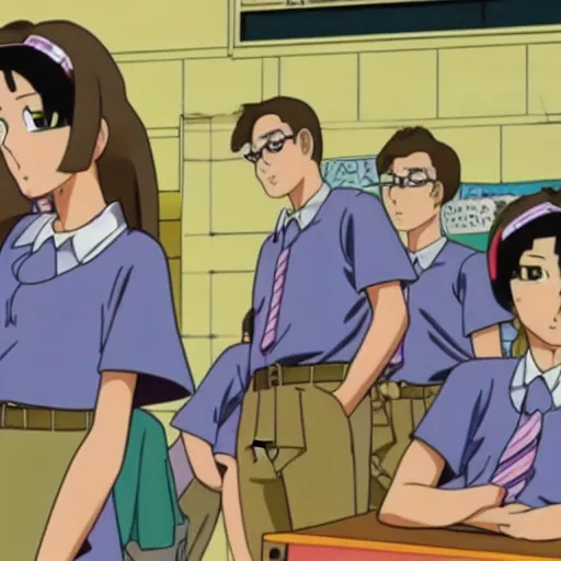 Image similar to hank hill from king of the hill as an school girl in an anime from 1997 selling propane, Impressive line work and attention to detail,