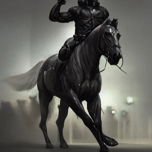 Image similar to a musclebound black - coated male anthro horse in a tactical outfit at a facility, detailed clothes texture, absurdly exaggeratedly athletic physique, highly detailed, digital painting, artstation, sharp focus, smooth, concept art, illustration, art by artgerm, greg rutkowski, wlop
