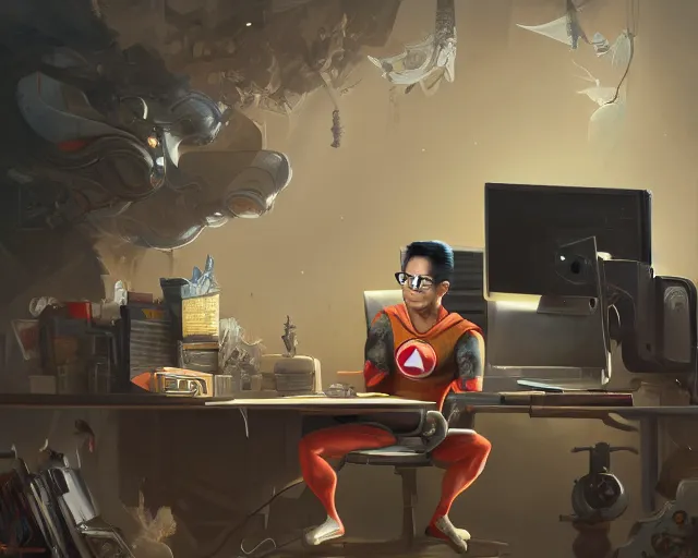 Image similar to an insanely detailed painting of a nerdy asian man wearing a superhero costume, sitting at a desk, staring at the nervously at the computer and typing, in the style of peter mohrbacher, dramatic lighting and composition, octane render, pixar, trending on artstation, concept art, comic book, view from behind