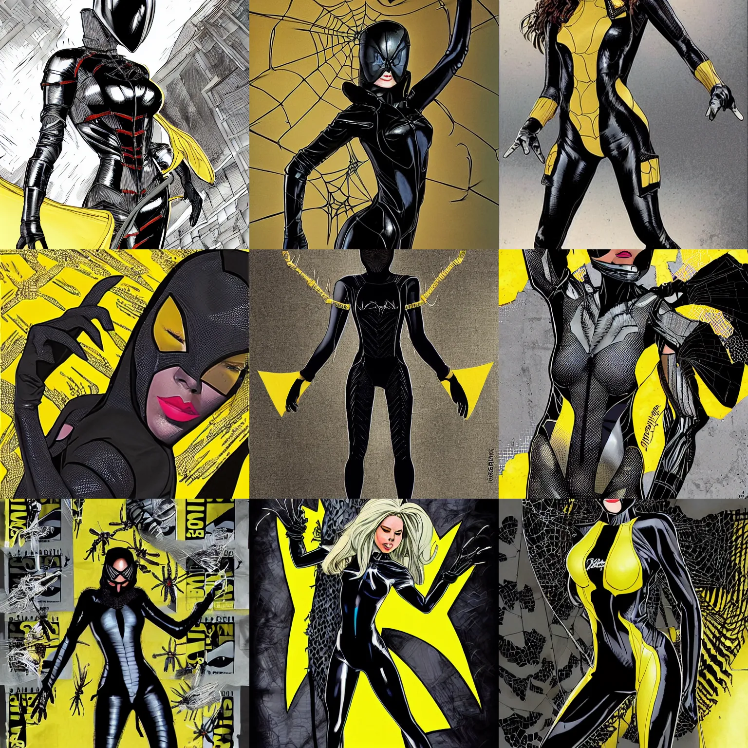 Prompt: Joe Quesada Artwork of Skitter, Taylor wore various costumes made of spider silk. Initially, she wears a black-and-grey spider silk bodysuit with armor panels made out of insect shells and exoskeletons augmented with more spider silk. She dyes it black with grey paneling before she goes out. The yellow lenses of her mask are durable, high-end swim goggles tinted to help filter out bright lights, with lenses from an old pair of her glasses sealed inside with silicon. Her mask leaves the back of her head uncovered and her hair free to fly behind her. The costume lacks the full extent of the armor paneling she planned, including protection for the back of her head, but the armor covers her face, chest, spine, stomach and major joints (including wrists, shoulders, elbows and knees). Each had \'layers\' resembling a pillbug. The mask design features dull yellow lenses and sections of armor designed to imitate a bug’s mandibles. She kept her costume clean by having bugs eat and clean any waste and wiping it down with a cloth. The spider-silk fabric is too tough to cut with an x-acto knife, although it can be slowly cut through using wire cutters. It was mostly waterproof. Prior to dying, the costume\'s prototype had fabric that was a dirty yellow-gray color, and the armour was naturally a dark mottled brown-gray. Artwork by Joe Quesada