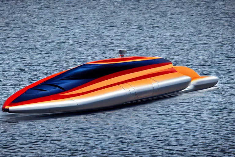 Image similar to futuristic speedboat by Apple, XF IQ4, 150MP, 50mm, f/1.4, ISO 200, 1/160s, natural light, Adobe Photoshop, Adobe Lightroom, DxO Photolab, Corel PaintShop Pro, rule of thirds, symmetrical balance, depth layering, polarizing filter, Sense of Depth, AI enhanced