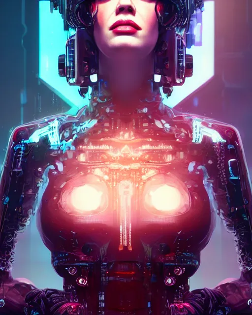 Image similar to portrait of christina hendricks as a cyberpunk cyborg. roses, sci - fi, intricate abstract upper body intricate artwork, by tooth wu, wlop, beeple, dan mumford. concept art, octane render, deviantart, greg rutkowski, cinematic arthouse, key art, hyper realism, iridescent accents