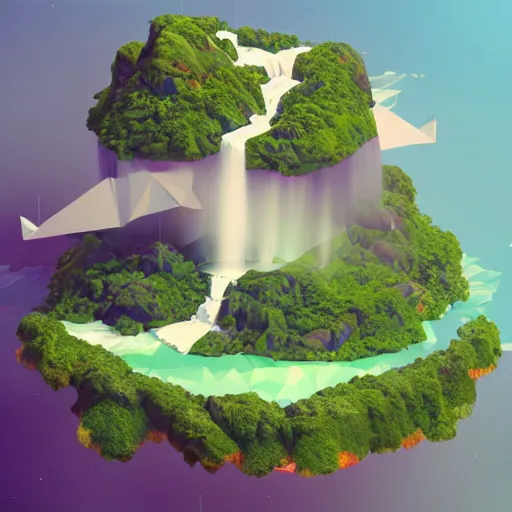 Image similar to low poly art of a floating island on top of which is new york surrounded by waterfalls, in the sky, isometric art, 3d render, ray tracing, high detail, artstation, concept art, behance, smooth, sharp focus, ethereal lighting, unreal engine 5