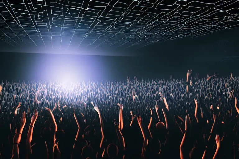 Image similar to crowd partying with their hands up at a club, volumetric lighting, haze, moving heads light beams, spot lights, discoball, dj on stage with raised hands, silhouette, digital art, trending on artstation, 4k, unreal engine, intricate, ornate