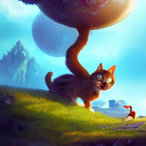 Image similar to a cartoony cat sitting on planet earth, in the style of Rayman origins, michael ancel, Ruan Jia and Mandy Jurgens and Greg Rutkowski, trending on Artstation, award winning, unreal engine, octane render W 1024