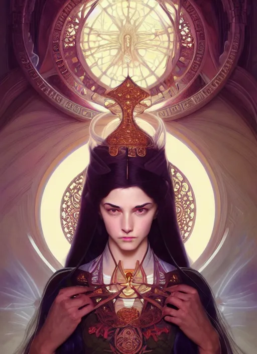 Image similar to symmetry!! portrait of a female sorcerer, dar fantasy, intricate, elegant, highly detailed, my rendition, digital painting, artstation, concept art, smooth, sharp focus, illustration, art by artgerm and greg rutkowski and alphonse mucha and huang guangjian and gil elvgren and sachin teng