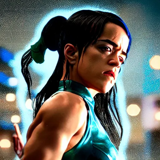 Image similar to cinematic scene with michelle rodriguez as jolyne from jojo's bizarre adventure, live action film, stone ocean, dramatic, small details, volumetric lighting, still frame