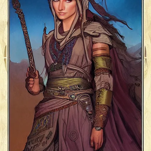 Image similar to Emeth the elven desert bandit. Arabian style. Epic portrait by james gurney and Alfonso mucha (lotr, witcher 3, dnd, dragon age, gladiator, scoia'tael). Trending on artstationHQ.