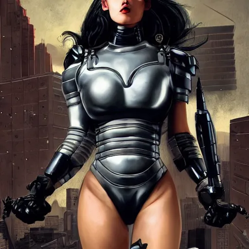 Image similar to a full bodied portrait of beautiful, disciplined, young woman in latex battle armor suit by sandra chevrier, detailed render, epic composition, cybernetics, 4 k realistic, cryengine, realistic shaded lighting, sharp focus, masterpiece, by matteo scalera, gary montalbano, peter elson in the style of the tokyo ghost comic, epic angles