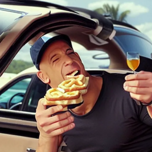 Image similar to movie still of vin diesel eating waffles in a car