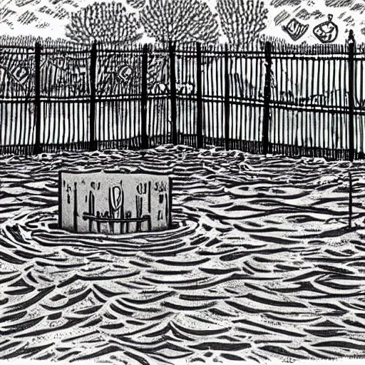 Image similar to The print shows a grave that has been flooded with water. The grave is located in a cemetery in Italy. The water in the grave is dirty and there is trash floating in it. The grave is surrounded by a fence. 1990s by Genndy Tartakovsky offhand, curvaceous