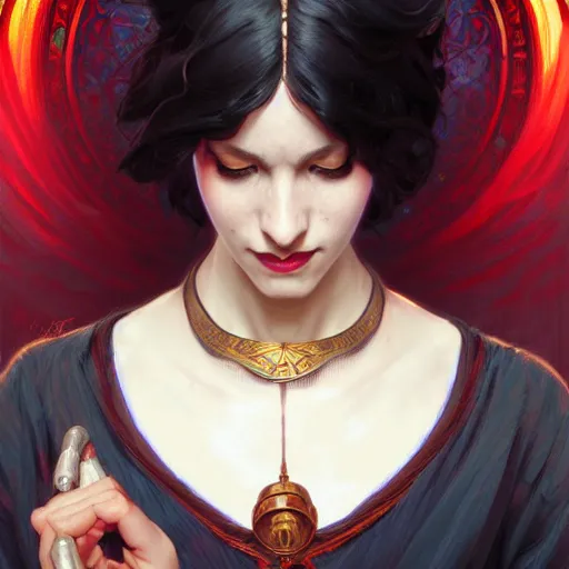 Prompt: Portrait of jovial female wizard, D&D, red eyes, face, short black hair, fantasy, intricate, elegant, highly detailed, digital painting, artstation, concept art, smooth, sharp focus, illustration, art by artgerm and greg rutkowski and alphonse mucha