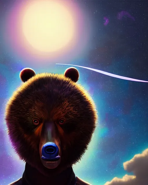 Image similar to highly detailed surreal vfx portrait of a metallic chromatic samurai bear in front of planets filled sky, stephen bliss, unreal engine, greg rutkowski, loish, rhads, beeple, makoto shinkai and lois van baarle, ilya kuvshinov, rossdraws, tom bagshaw, alphonse mucha, global illumination, detailed and intricate environment