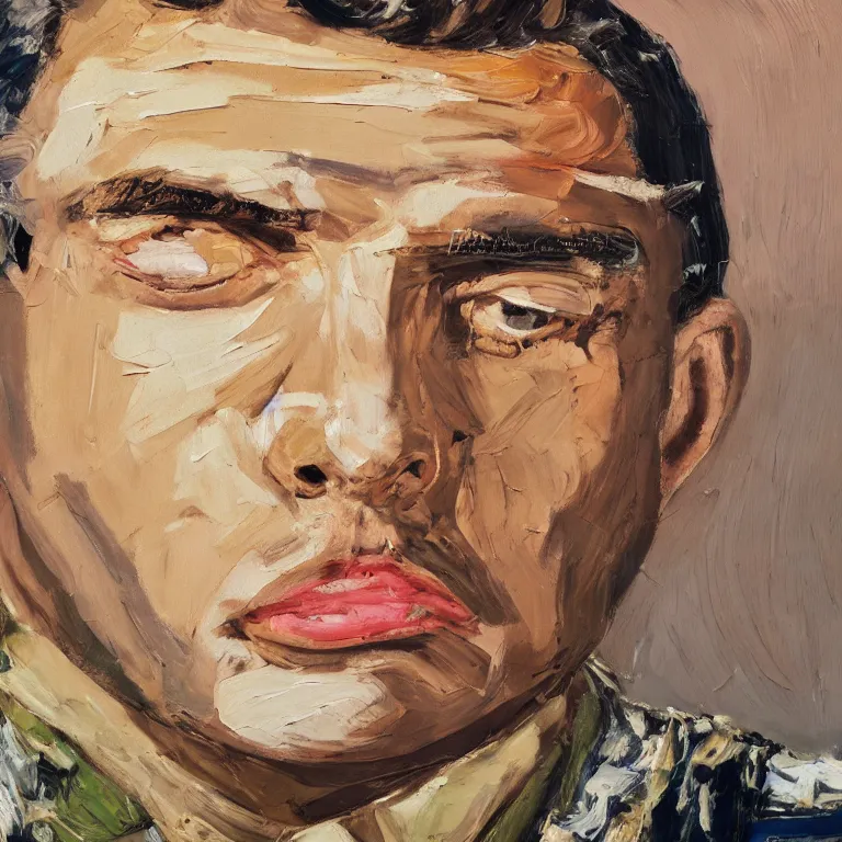 Prompt: close up studio portrait of very handsome Persian Air Force Pilot in 1967, impasto heavy brushstrokes oil painting by Lucian Freud and Tim Hawkinson and Cy Twombly, trending on artstation Studio lighting Expressionism