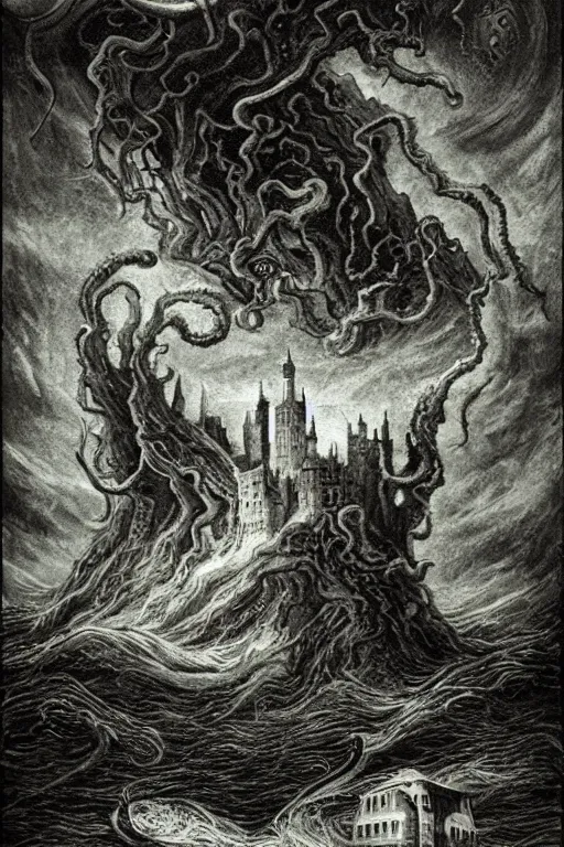 Image similar to lovecraftian, style of Bosch, castle, storm, architecture