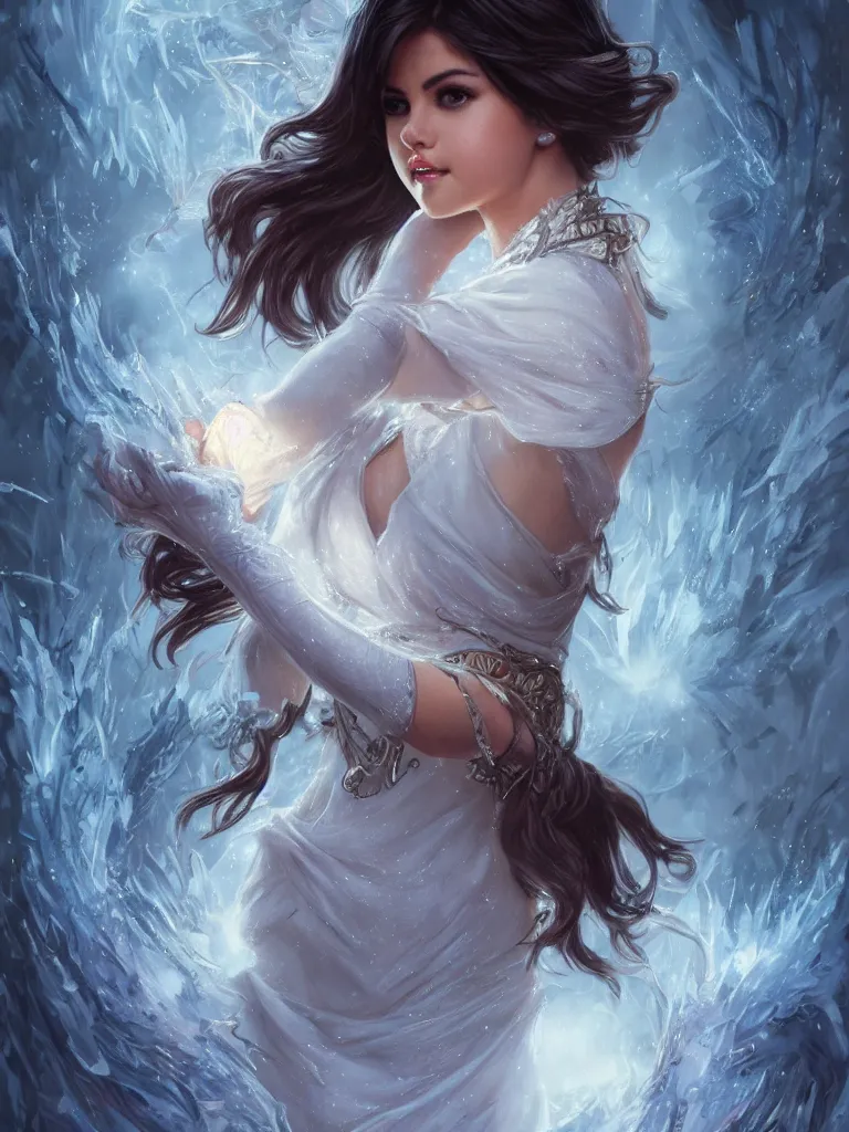 Image similar to Selena Gomez casting an frost spell, D&D, fantasy, intricate, elegant, highly detailed, digital painting, artstation, concept art, matte, sharp focus, illustration, hearthstone, art by Artgerm and Greg Rutkowski and Alphonse Mucha