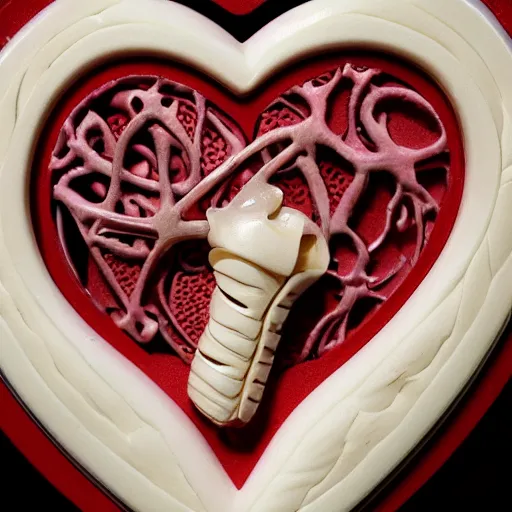 Image similar to anatomically correct bio mechanical heart carved out of ivory, canon 5 d 5 0 mm lens