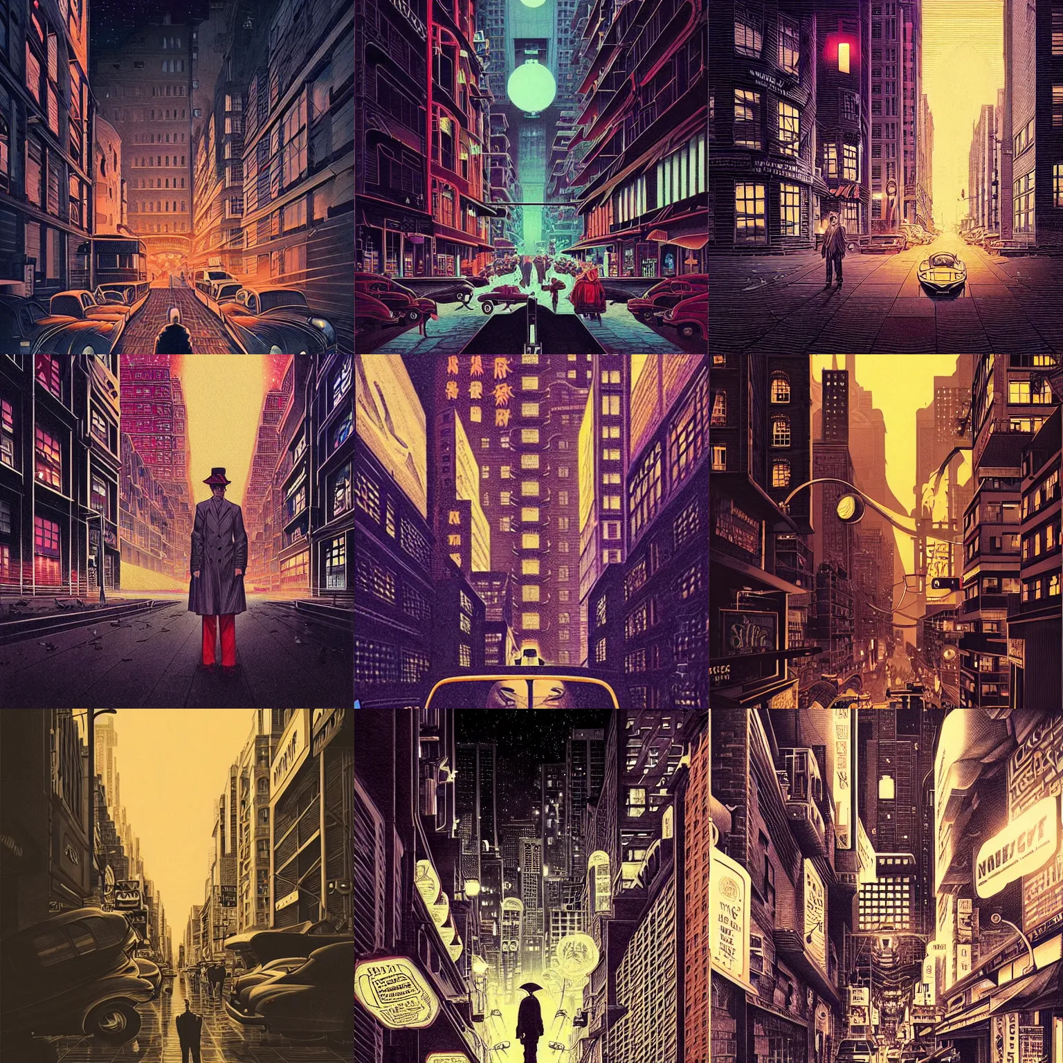 Prompt: streets of a big city at night, 1 9 4 0's noire detective photography by moebius, junji ito, tristan eaton, victo ngai, artgerm, rhads, ross draws, hyperrealism, intricate detailed