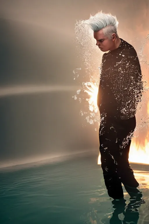 Prompt: scooter band member baxxter with white hair standing in water with explosion in background, full body, reflection in water, volumetric lighting, golden ratio