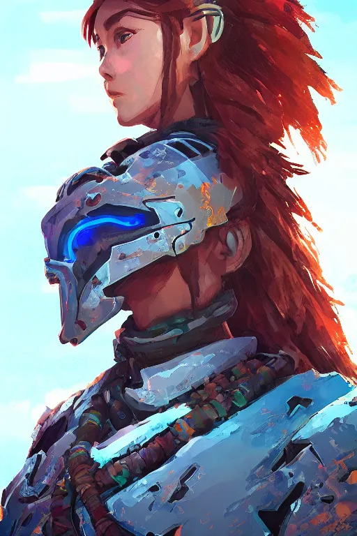 Image similar to combination suit armor aloy horizon forbidden west horizon zero dawn radiating a glowing aura global illumination ray tracing hdr fanart arstation by ian pesty and alena aenami artworks in 4 k tribal robot ninja mask helmet backpack