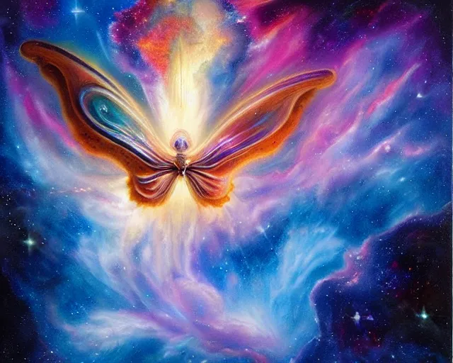 Prompt: cosmic butterfly nebula, an oil painting, by ( leonardo da vinci ) and greg rutkowski and rafal olbinski ross tran airbrush time magazine